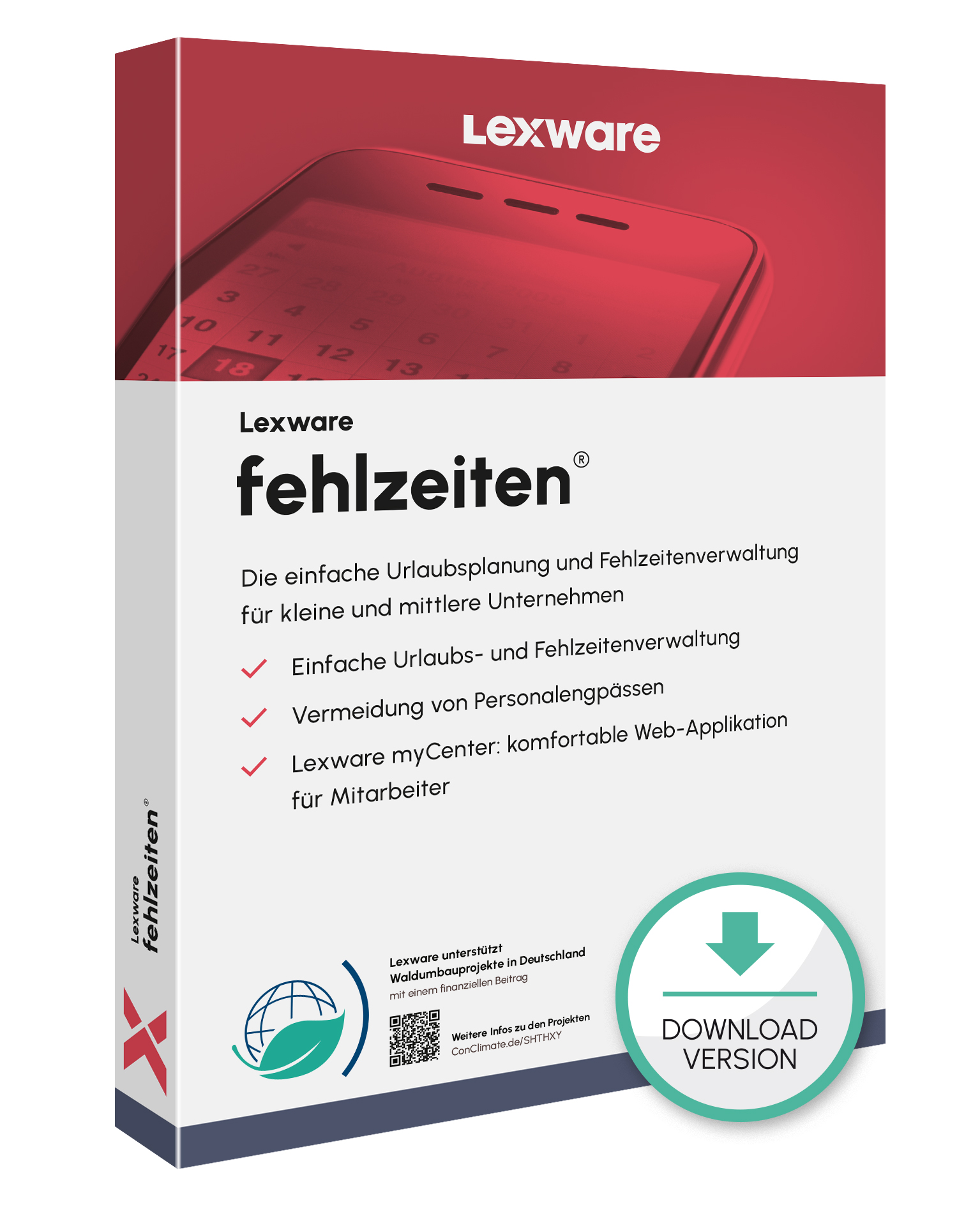 Produktbox von Lexware fehlzeiten für Urlaubs- und Abwesenheitsverwaltung mit Download-Symbol