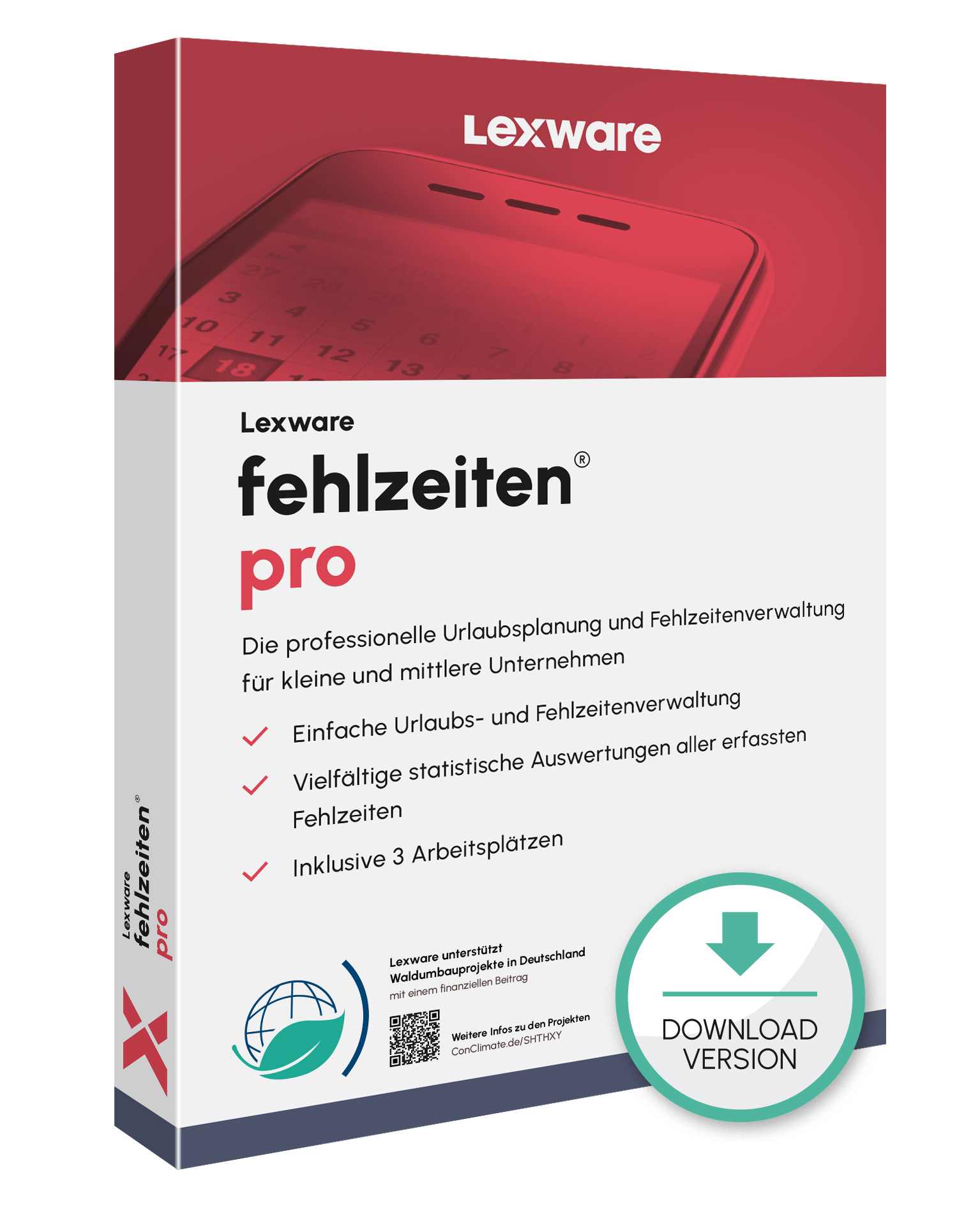 Produktbox von Lexware fehlzeiten pro für Urlaubs- und Abwesenheitsverwaltung mit Download-Symbol