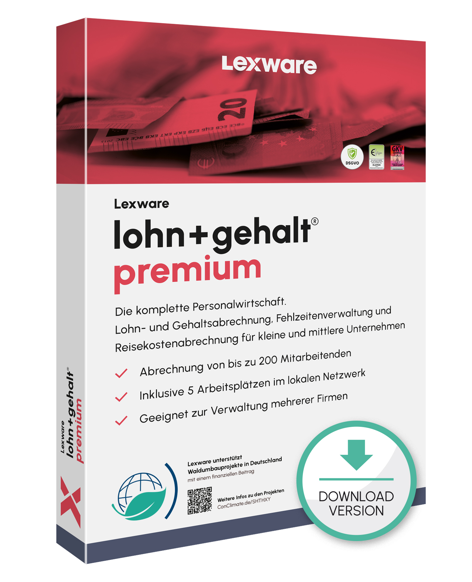 Produktbox von Lexware lohn+gehalt premium für Lohn- und Gehaltsabrechnung mit Download-Symbol