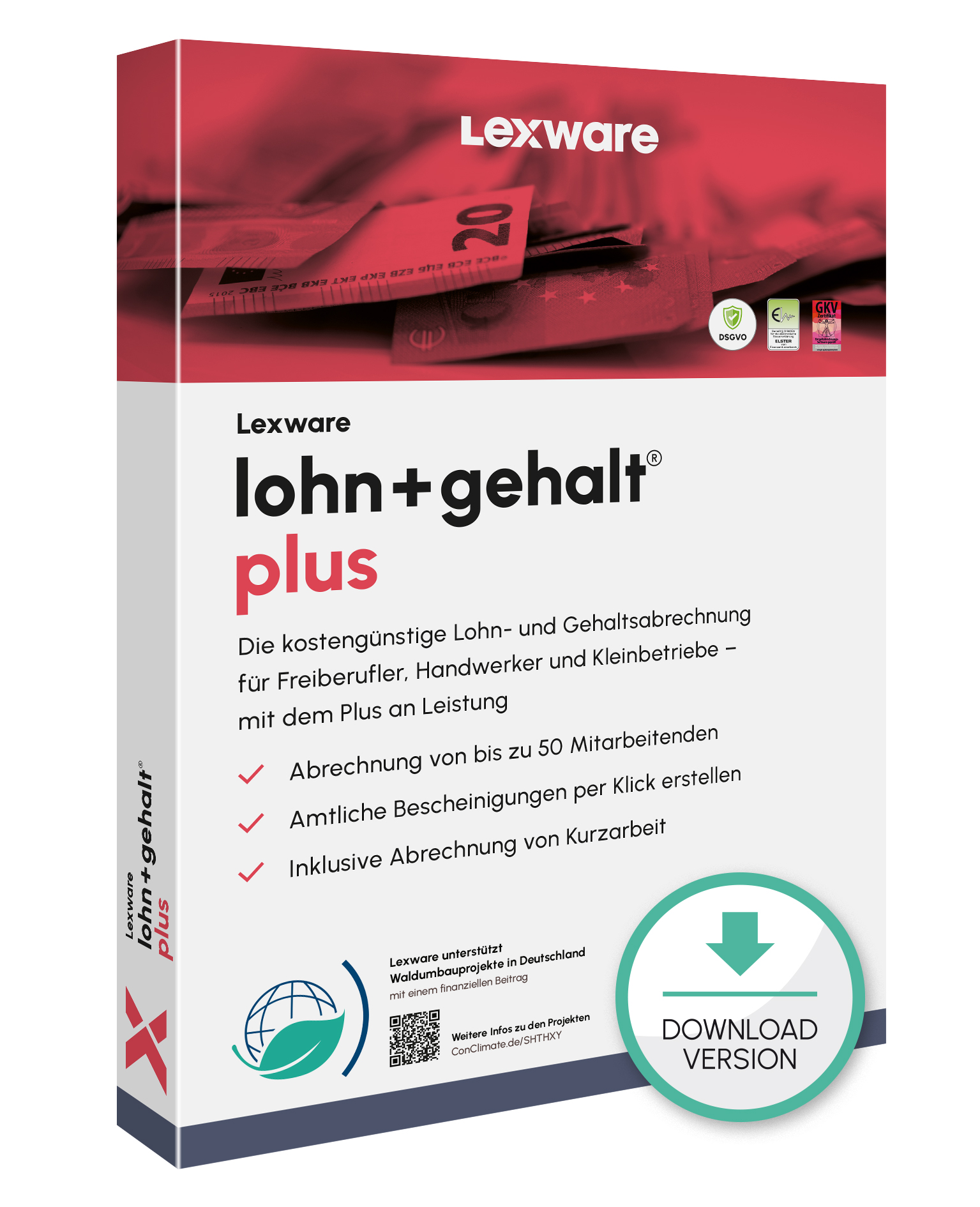 Produktbox von Lexware lohn+gehalt plus für Lohn- und Gehaltsabrechnung mit Download-Symbol