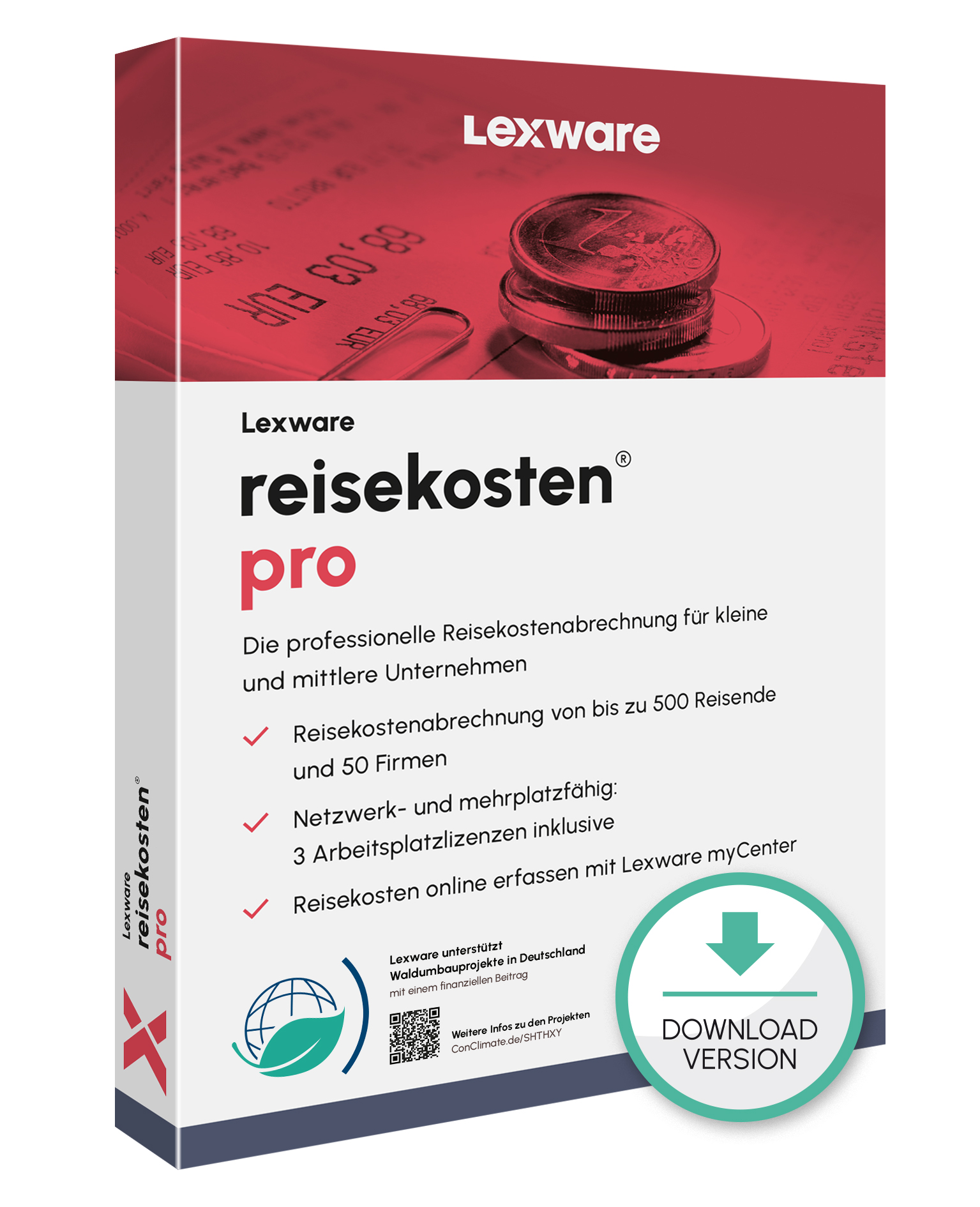 Produktbox von Lexware reisekosten pro für Reisekostenabrechnung mit Download-Symbol
