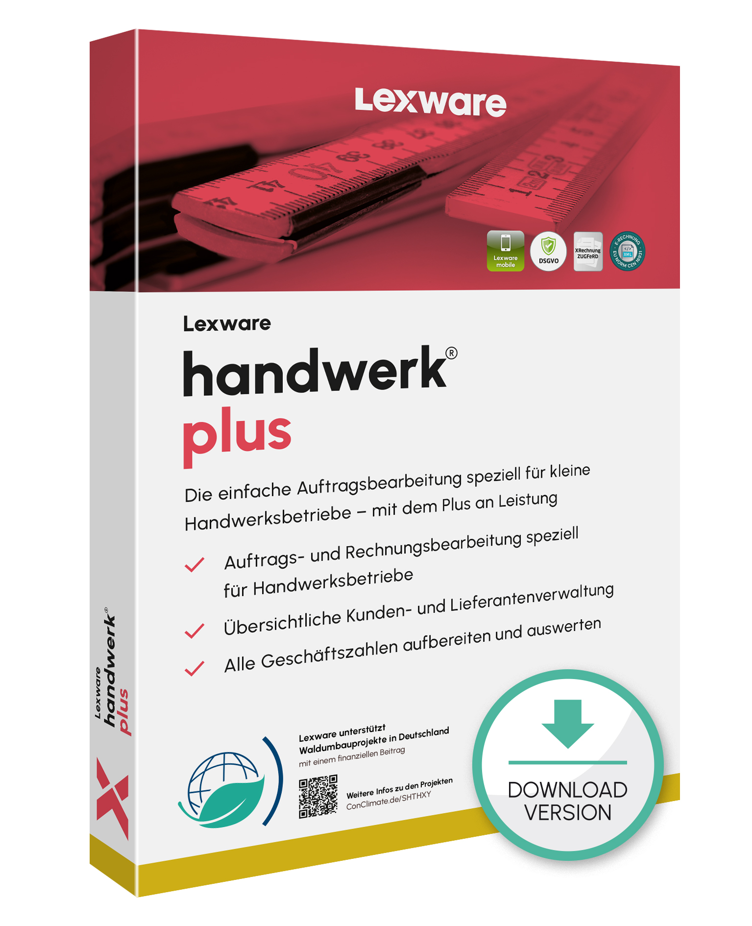 Produktbox von Lexware handwerk plus für Auftragsbearbeitung im Handwerk mit Download-Symbol