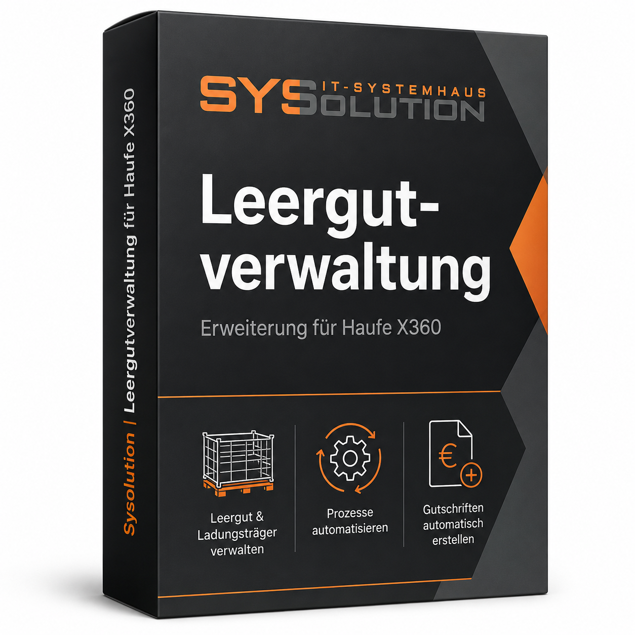 Schwarze SYSolution-Produktbox der Leergutverwaltung für Haufe X360 mit Symbolen für Lager, Prozesse und Dokumente