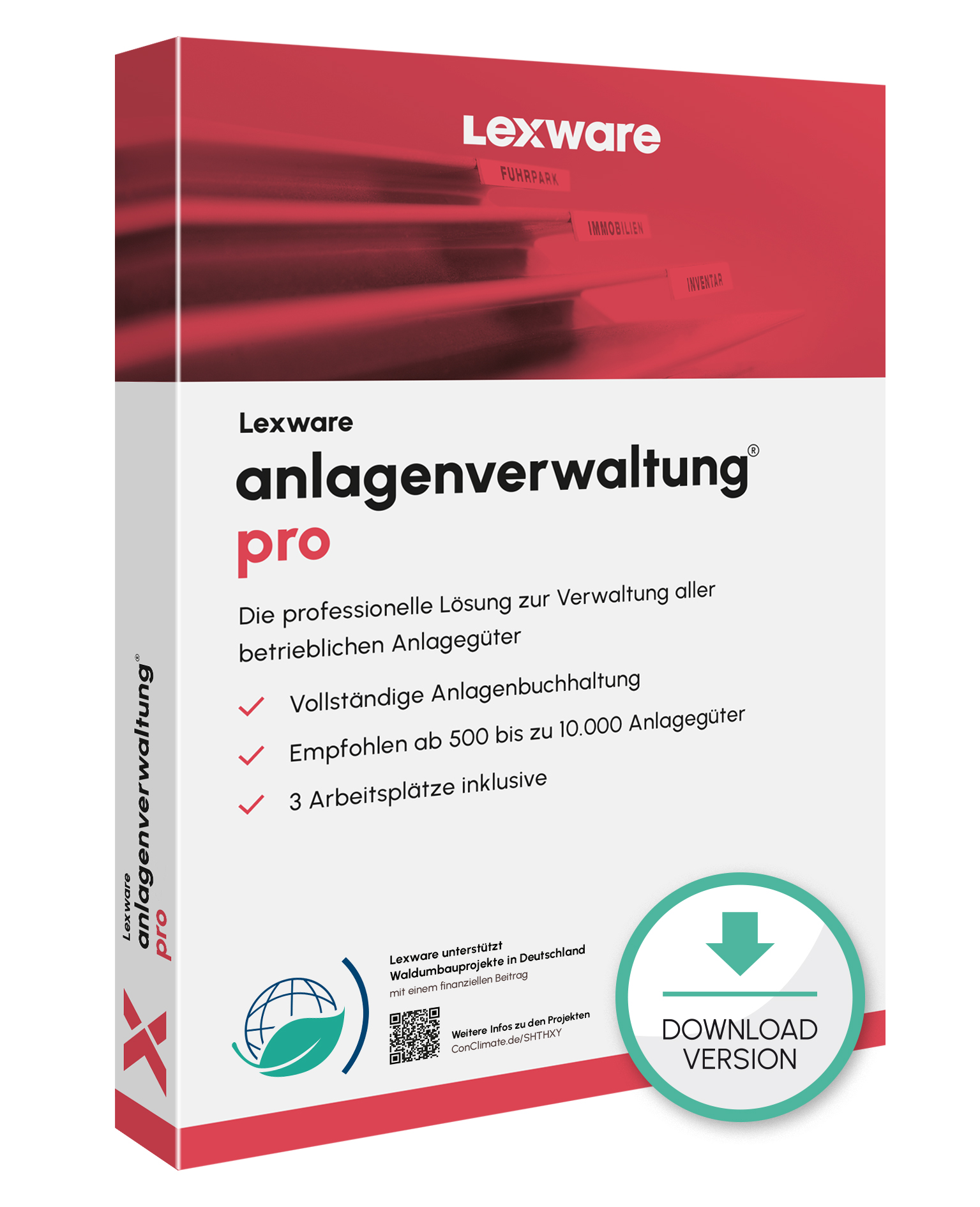 Produktbox von Lexware anlagenverwaltung pro für Anlagenbuchhaltung mit Download-Symbol