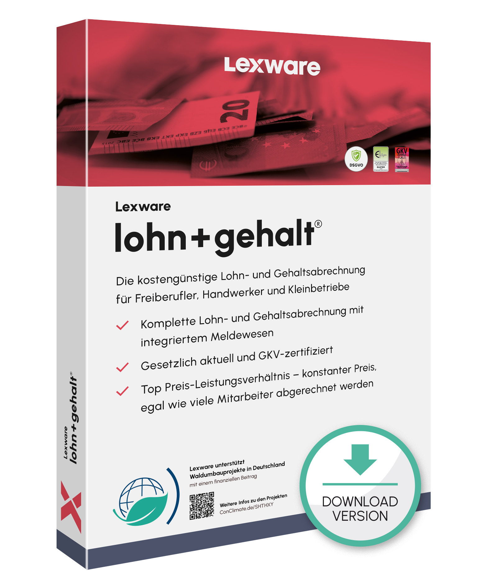 Produktbox von Lexware lohn+gehalt für Lohn- und Gehaltsabrechnung mit Download-Symbol