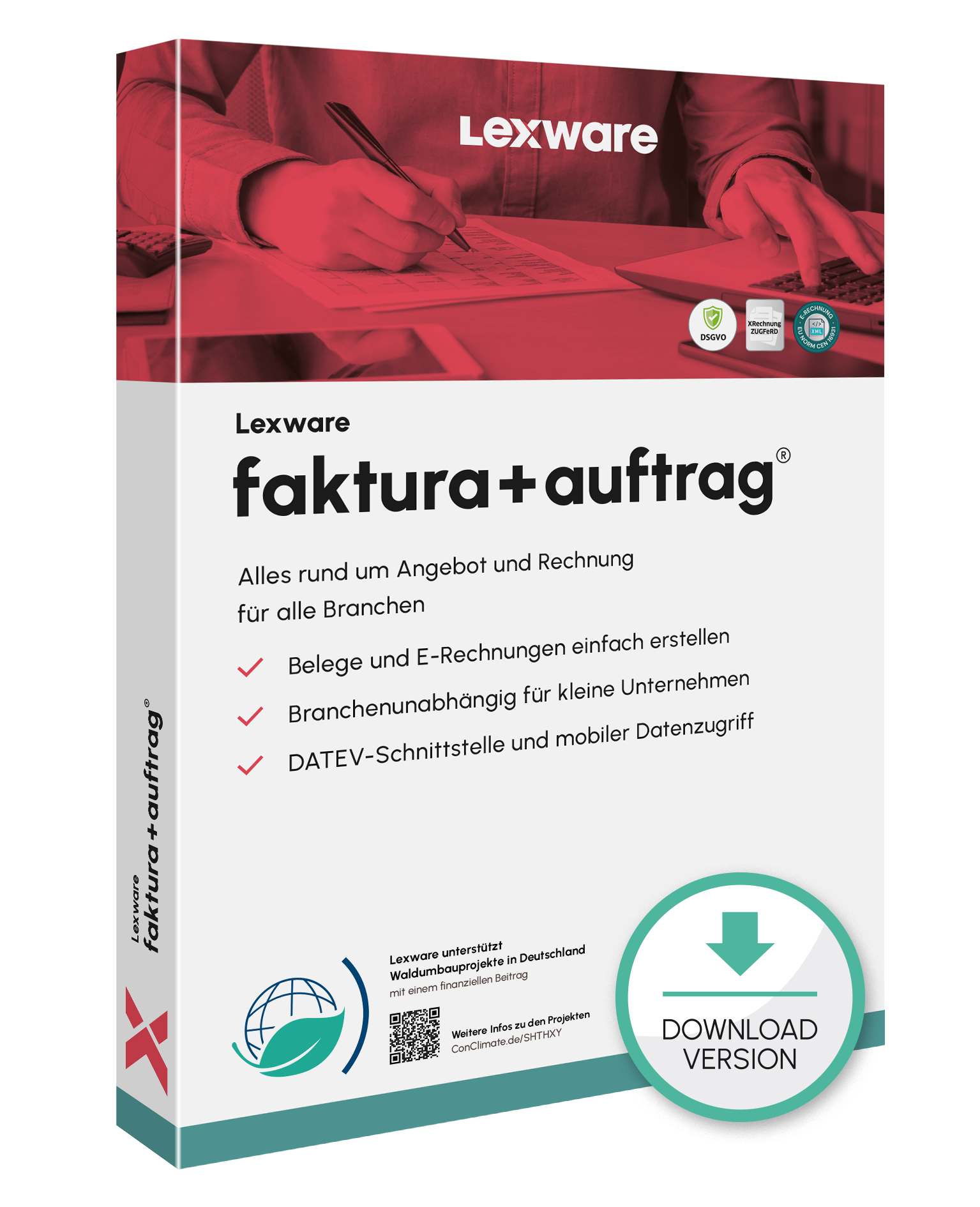 Produktbox von Lexware faktura+auftrag für Rechnungsstellung und Auftragsbearbeitung mit Download-Symbol