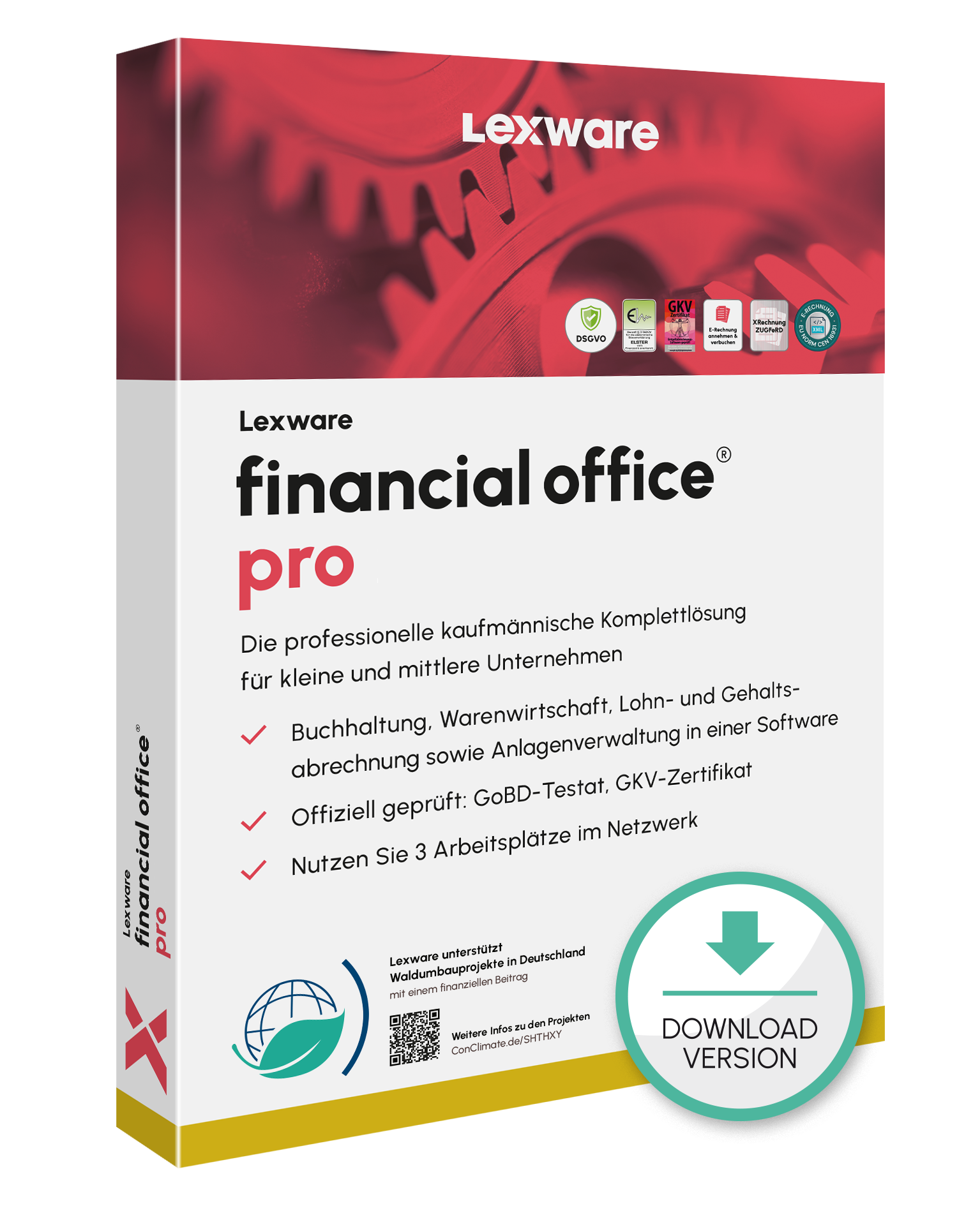 Produktbox von Lexware financial office pro für kaufmännische Unternehmensverwaltung mit Download-Symbol