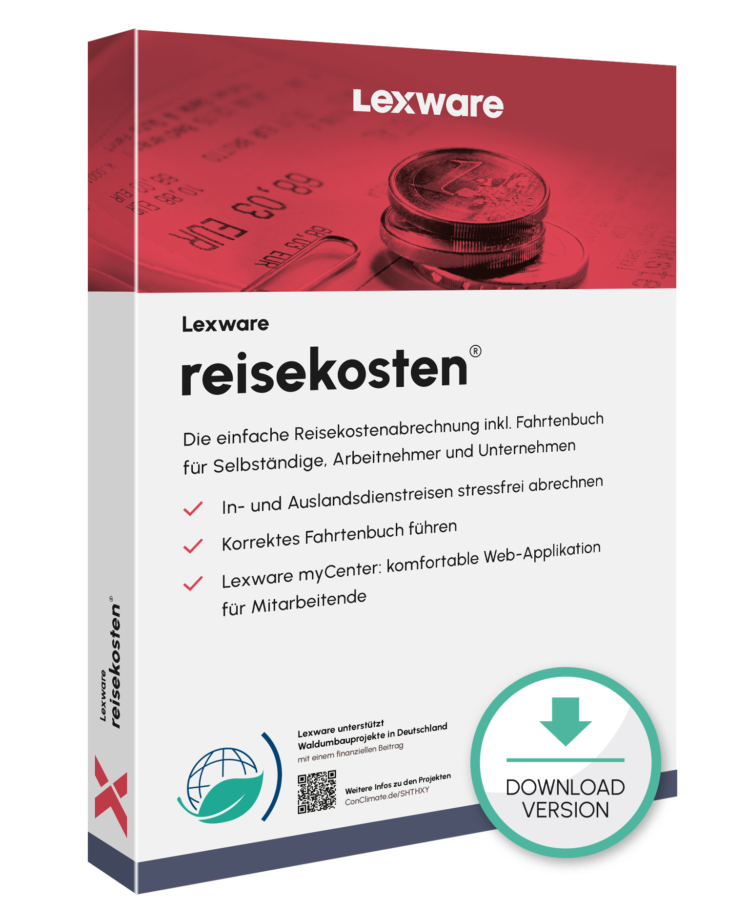 Produktbox von Lexware reisekosten für Reisekostenabrechnung mit Download-Symbol