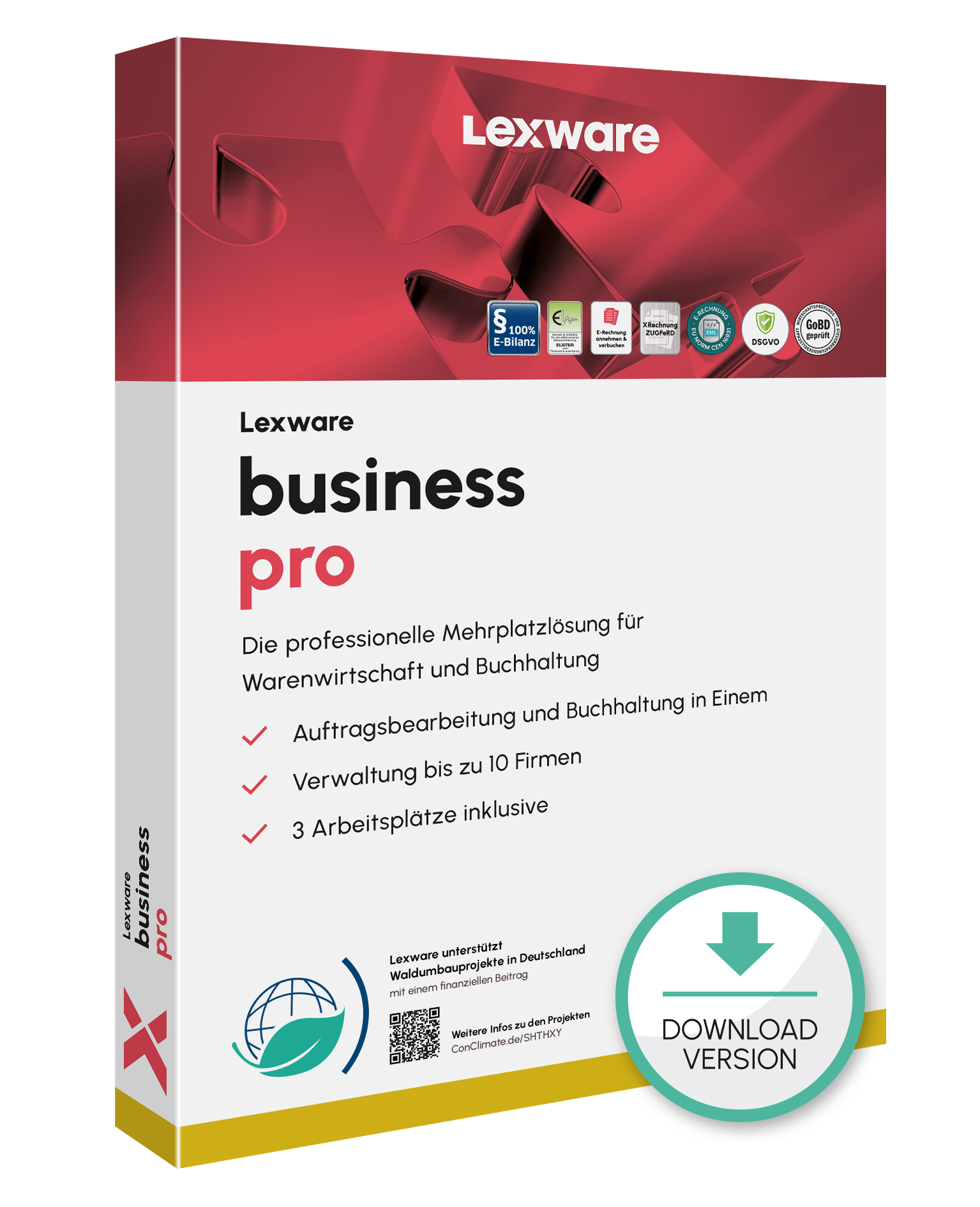 Produktbox von Lexware business pro für kaufmännische Unternehmensverwaltung mit Download-Symbol