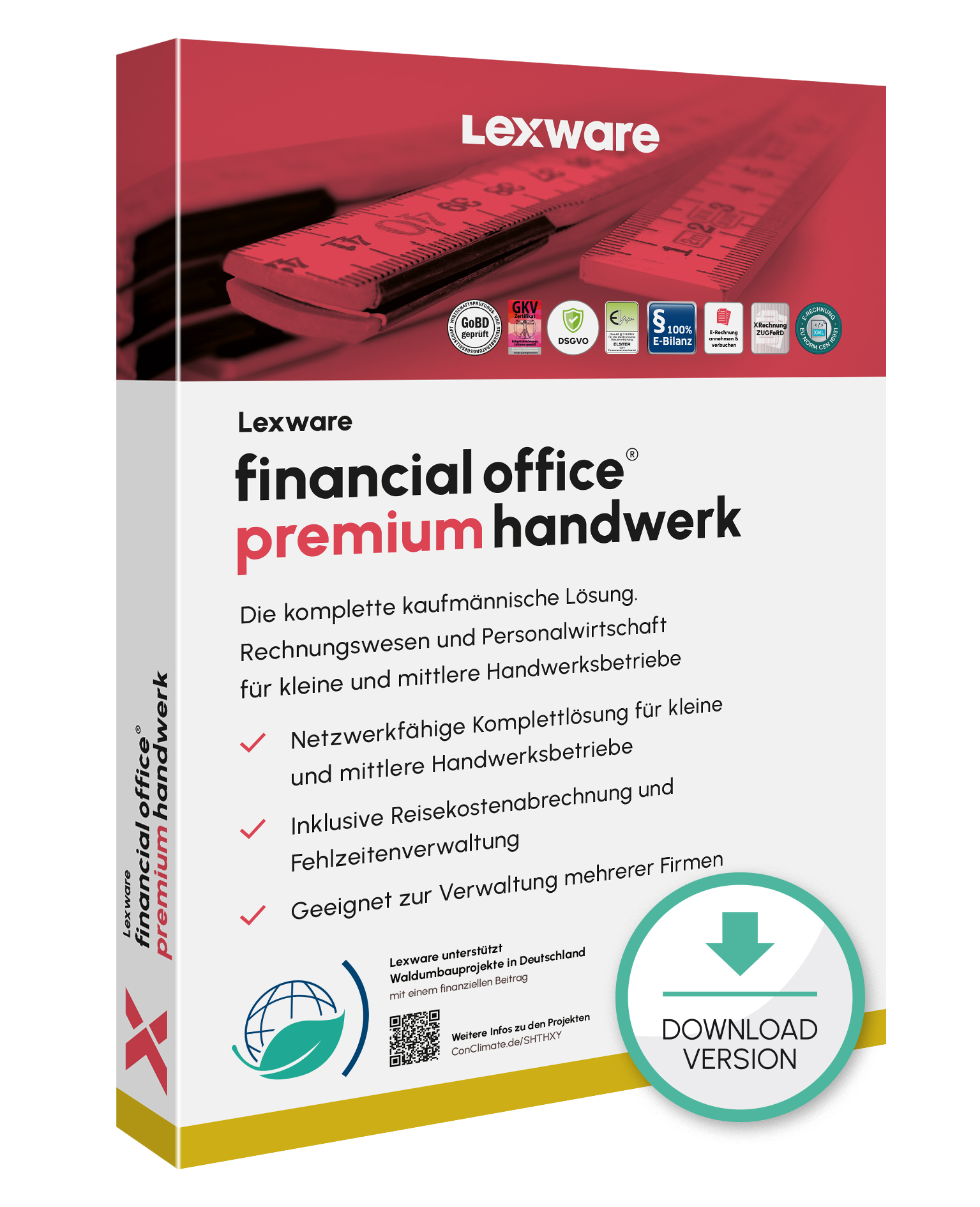 Produktbox von Lexware financial office premium handwerk für kaufmännische Verwaltung im Handwerk mit Download-Symbol