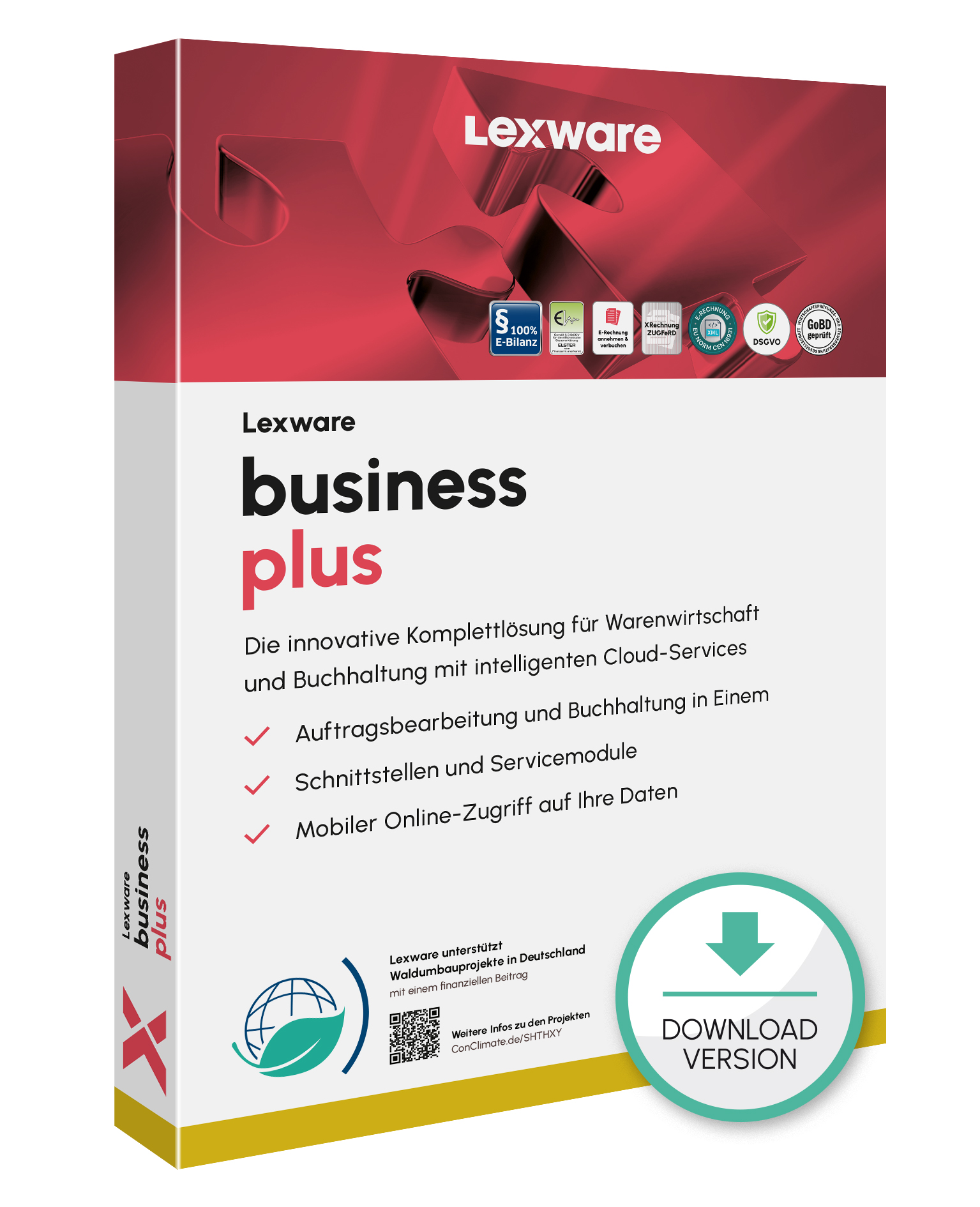 Produktbox von Lexware business plus für kaufmännische Unternehmensverwaltung mit Download-Symbol