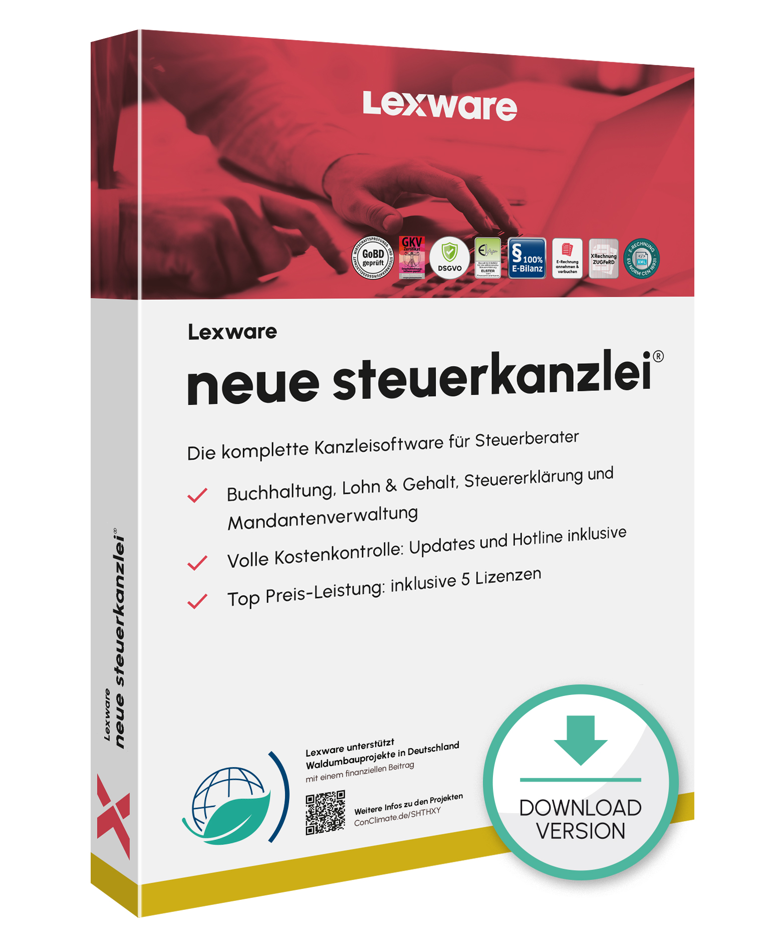Produktbox von Lexware neue steuerkanzlei für Kanzleiverwaltung mit Download-Symbol