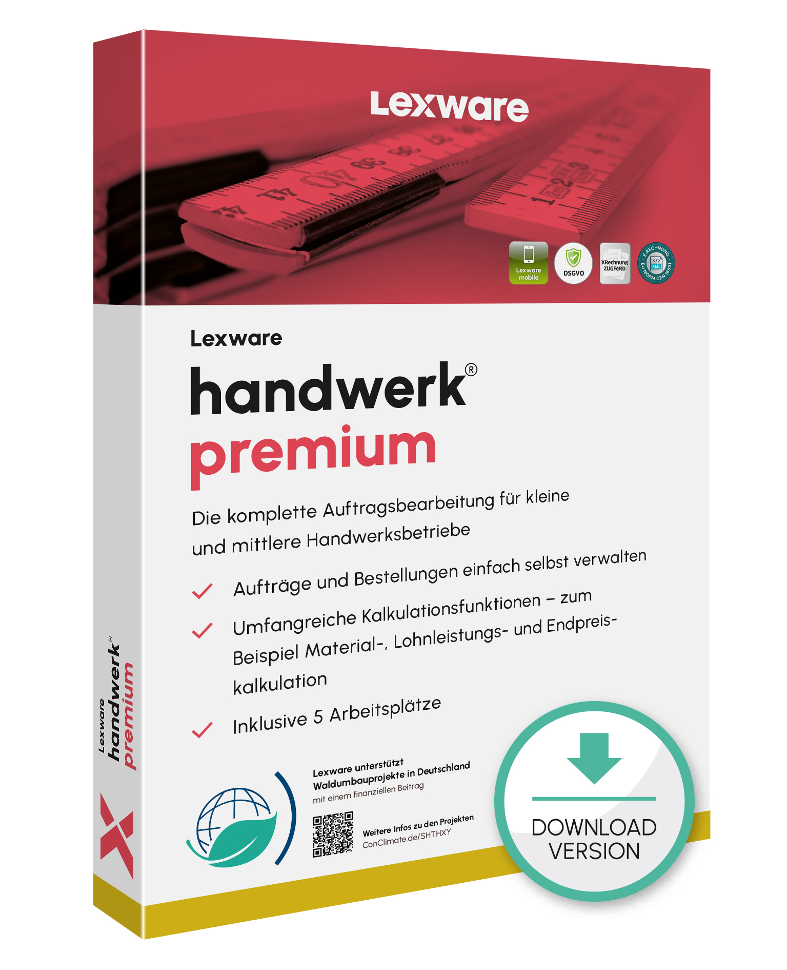 Produktbox von Lexware handwerk premium für Auftragsbearbeitung im Handwerk mit Download-Symbol