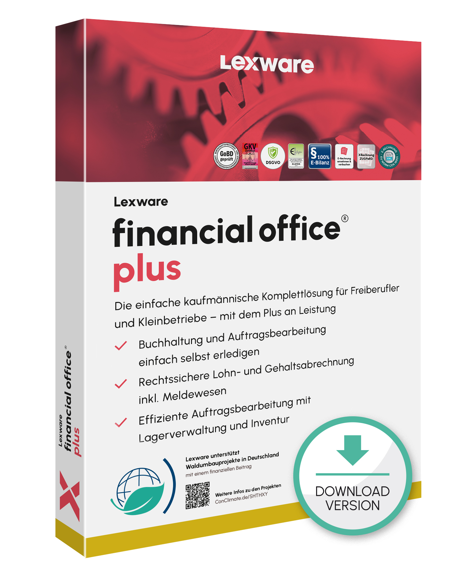 Produktbox von Lexware financial office plus für kaufmännische Unternehmensverwaltung mit Download-Symbol