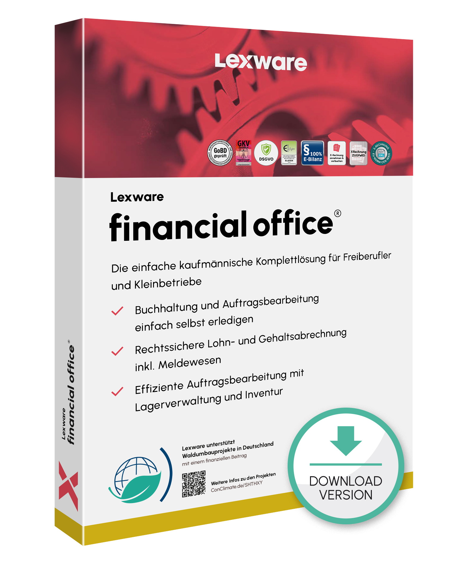 Produktbox von Lexware financial office für kaufmännische Unternehmensverwaltung mit Download-Symbol