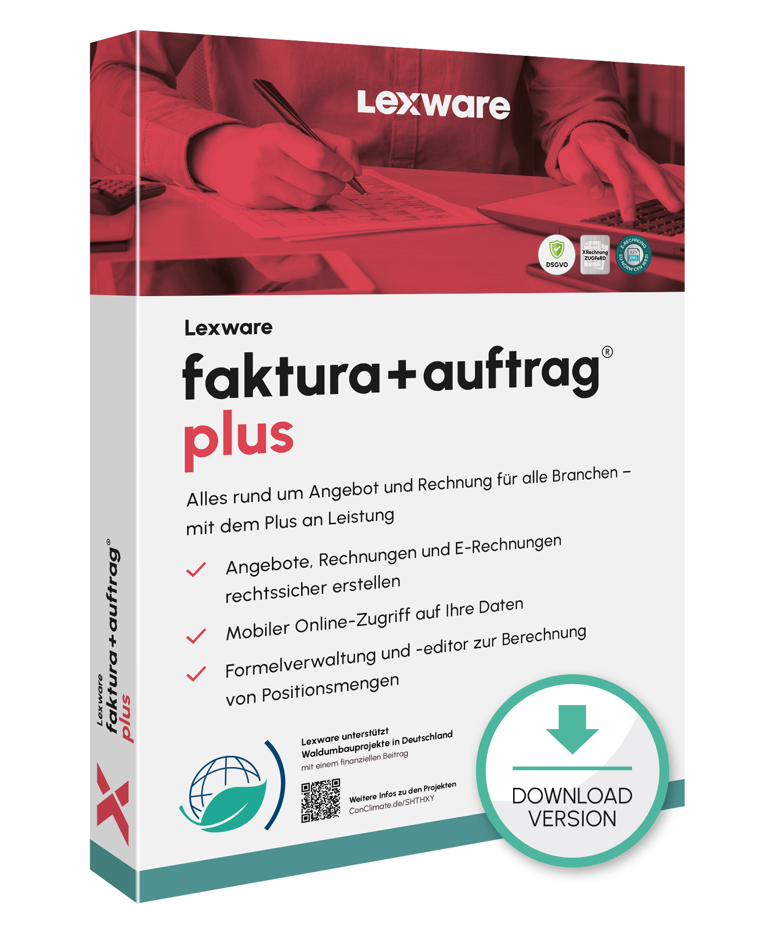 Produktbox von Lexware faktura+auftrag plus für Rechnungsstellung und Auftragsbearbeitung mit Download-Symbol