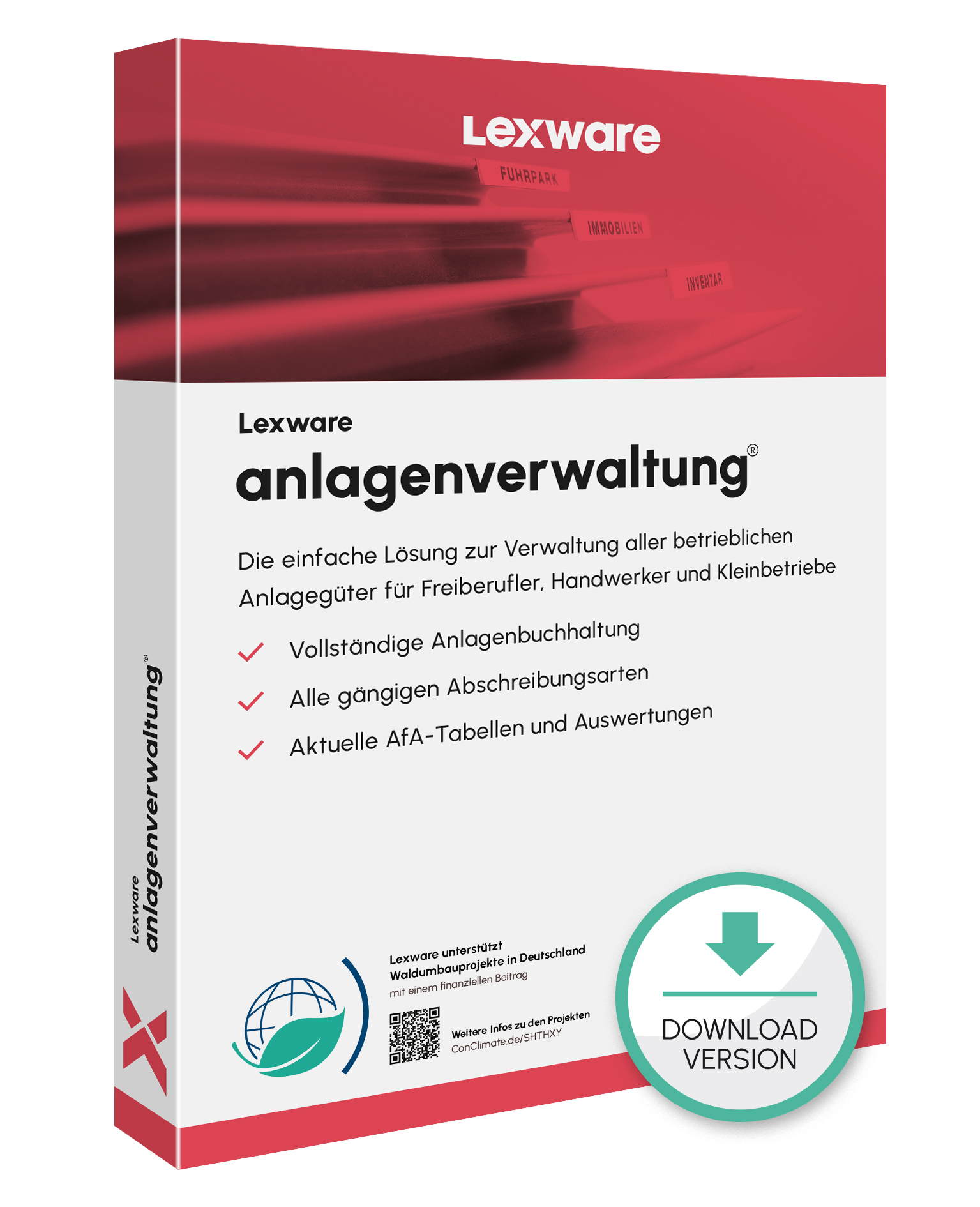Produktbox von Lexware anlagenverwaltung für Anlagenbuchhaltung mit Download-Symbol
