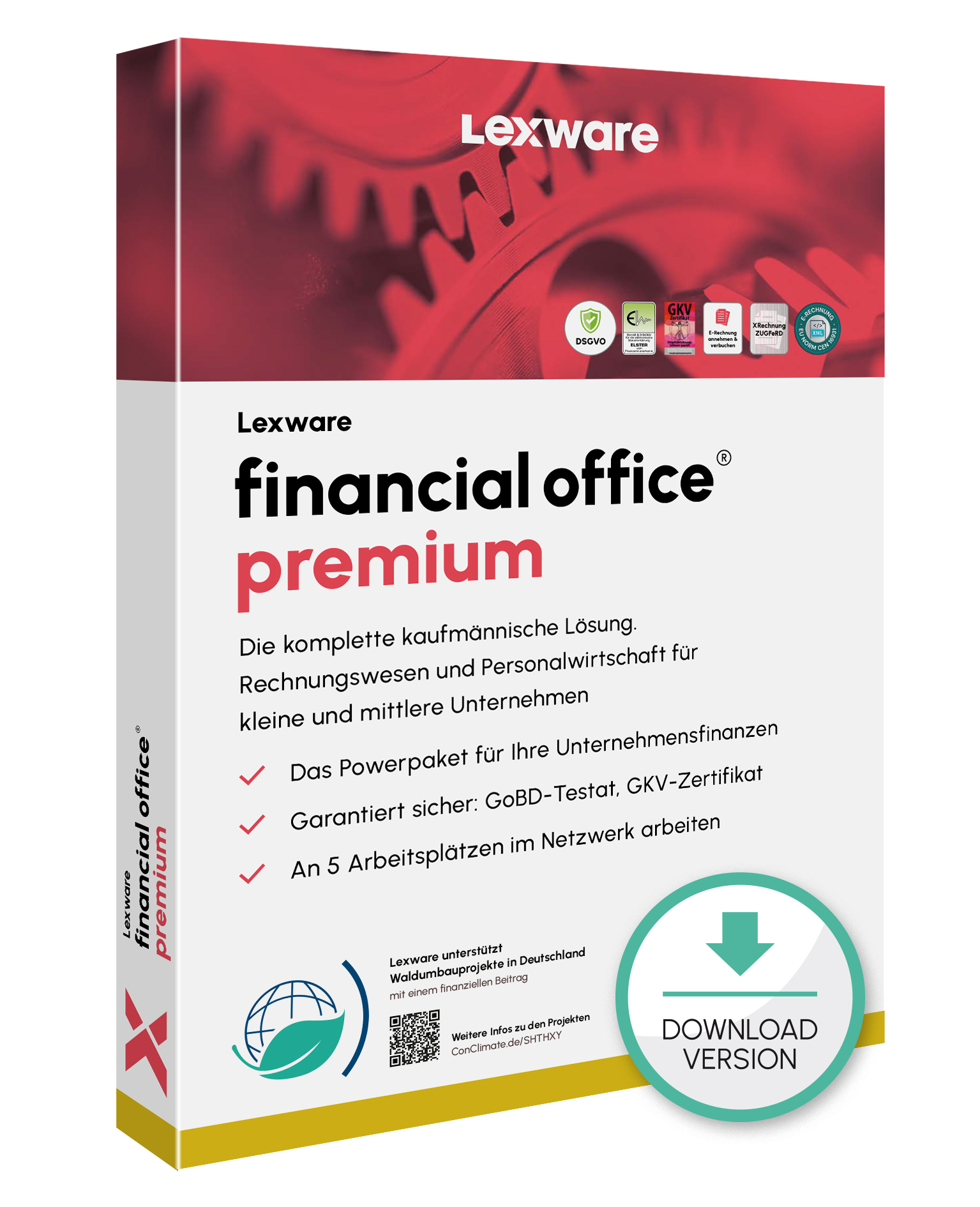 Produktbox von Lexware financial office premium für kaufmännische Unternehmensverwaltung mit Download-Symbol